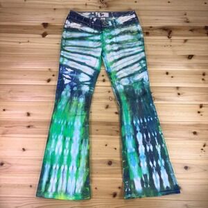 So Jeans Womens 1 Green and Blue Tie Dye Bell Bottom Flared Low Rise Denim Jeans